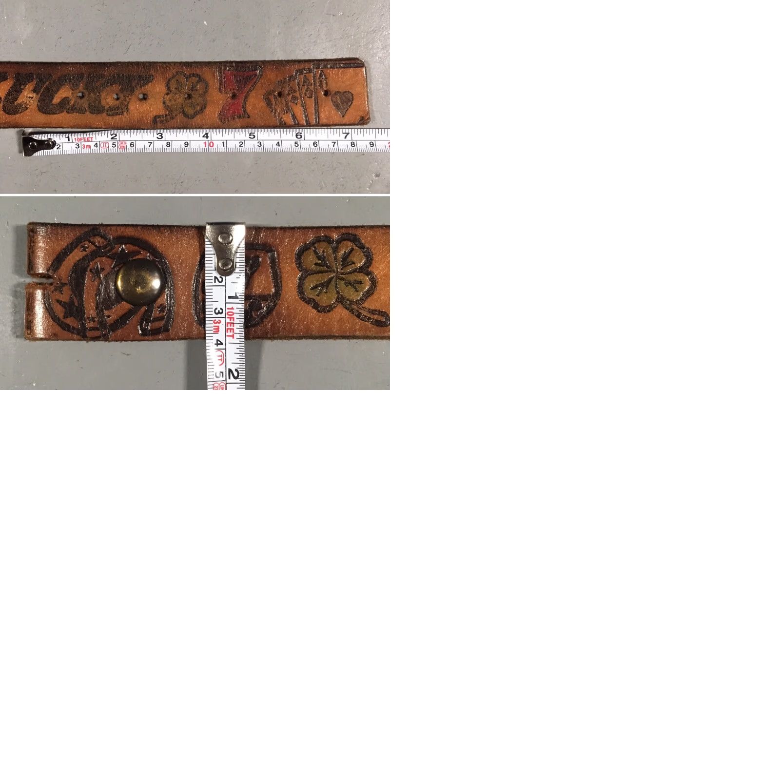 Vintage VINTAGE Tooled Leather Belt Gambling Theme Lucky 7 Clover Cards Horse Shoe Dice Brown Leather Adult Unisex Casual Rockabilly Size ONE SIZE - 9 Thumbnail