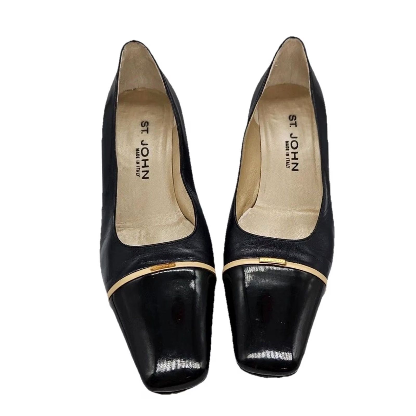 St. John St John Italy Dark Navy Leather Cap Toe Pumps Gold Accent Square Toe 8.5 Womens Shoes Size US 9 / IT 39 - 2 Thumbnail