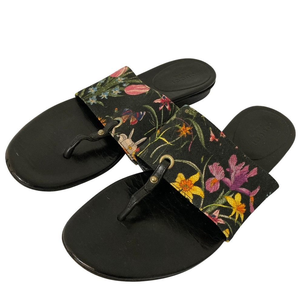 Gucci Gucci Gucci Flora Print Flat Thong Sandals Leather Shoes DUTY FREE for USA Size ONE SIZE - 1 Thumbnail