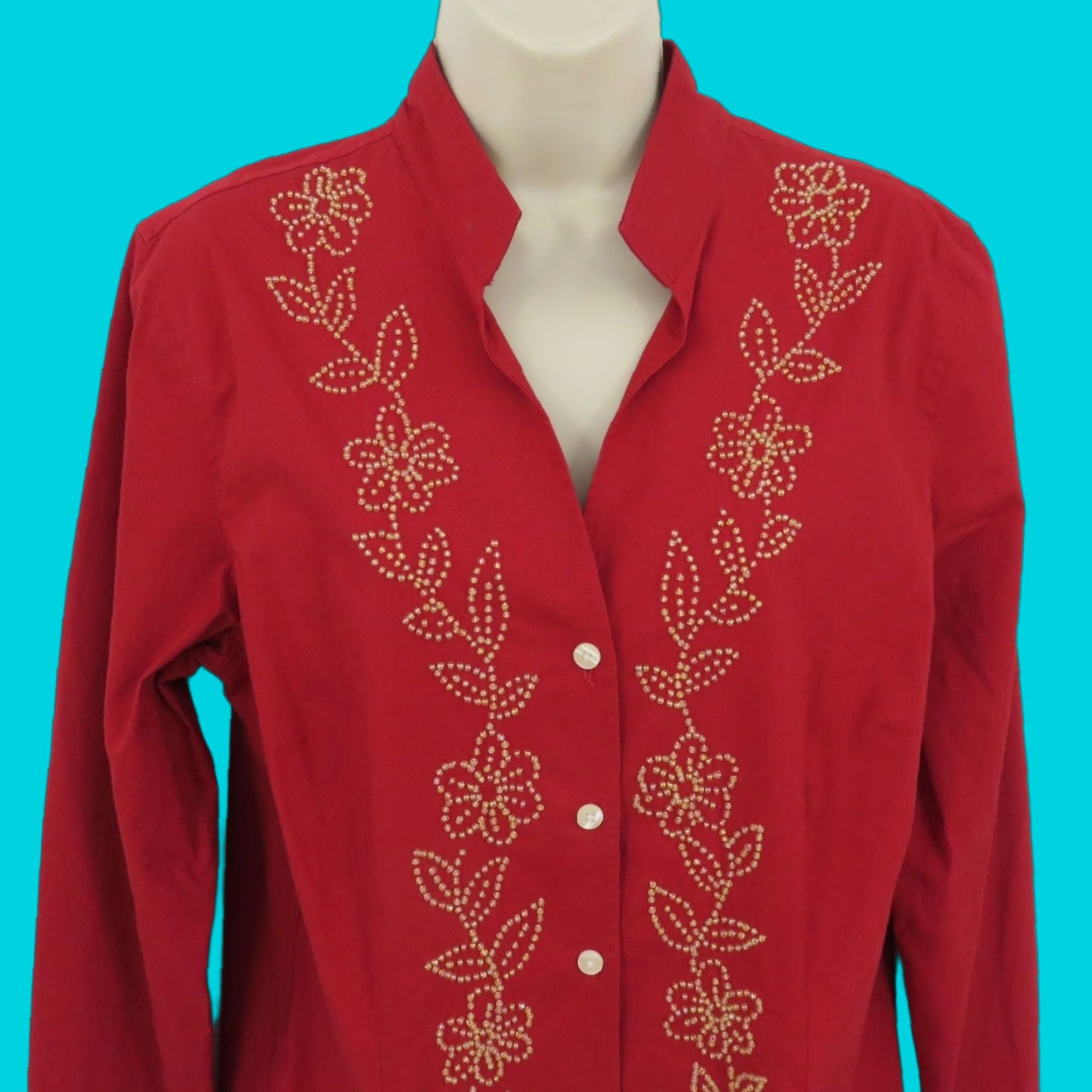 Coldwater Creek Coldwater Creek Blouse Shirt Beaded Flowers Floral Button Long Sleeve Womens L Red Yellow Top Size L / US 10 / IT 46 - 1 Thumbnail