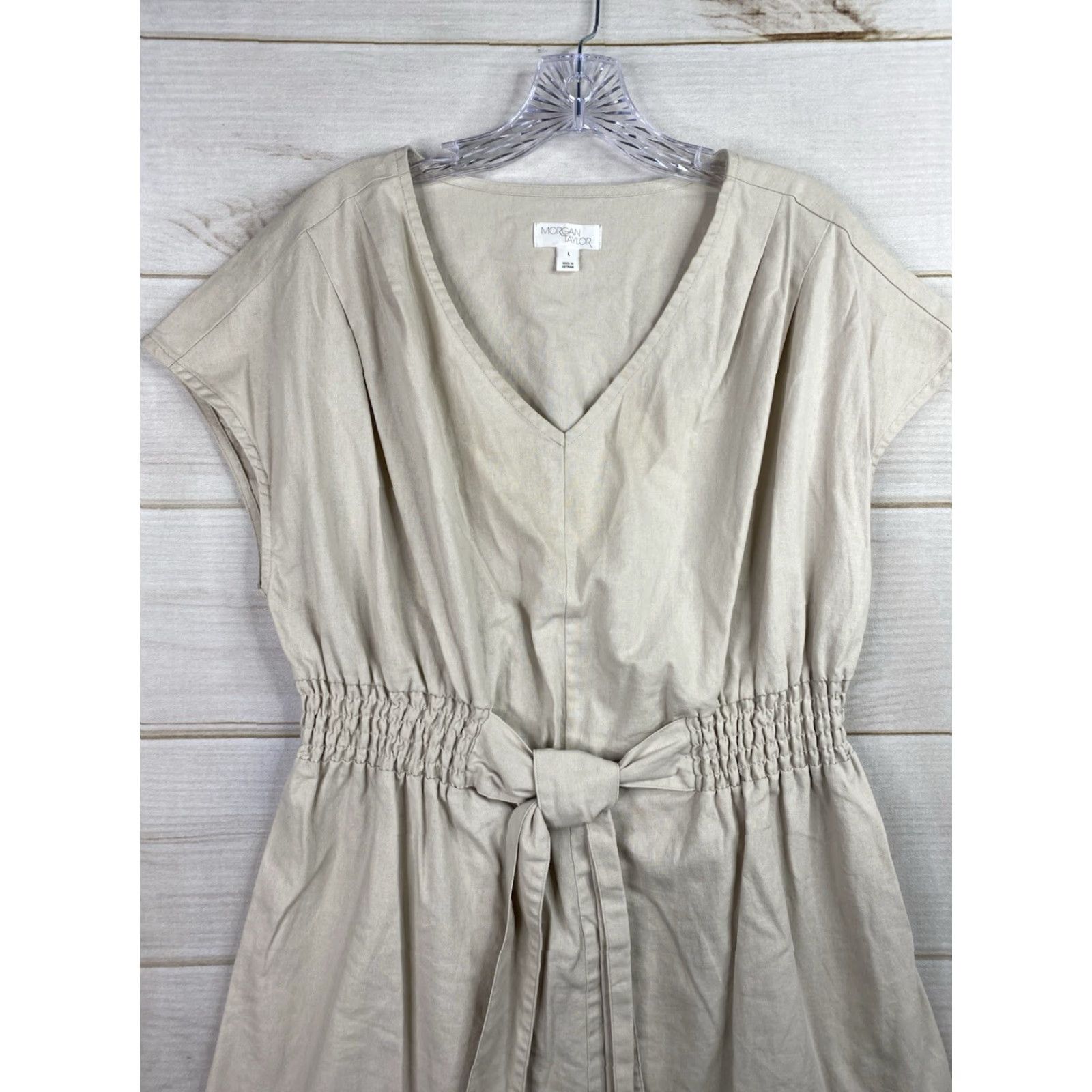 Vintage Morgan Taylor Dress Womens L Beige Linen Blend Elastic Waist Tie V Neck Midi Shirt Size L / US 10 / IT 46 - 2 Thumbnail