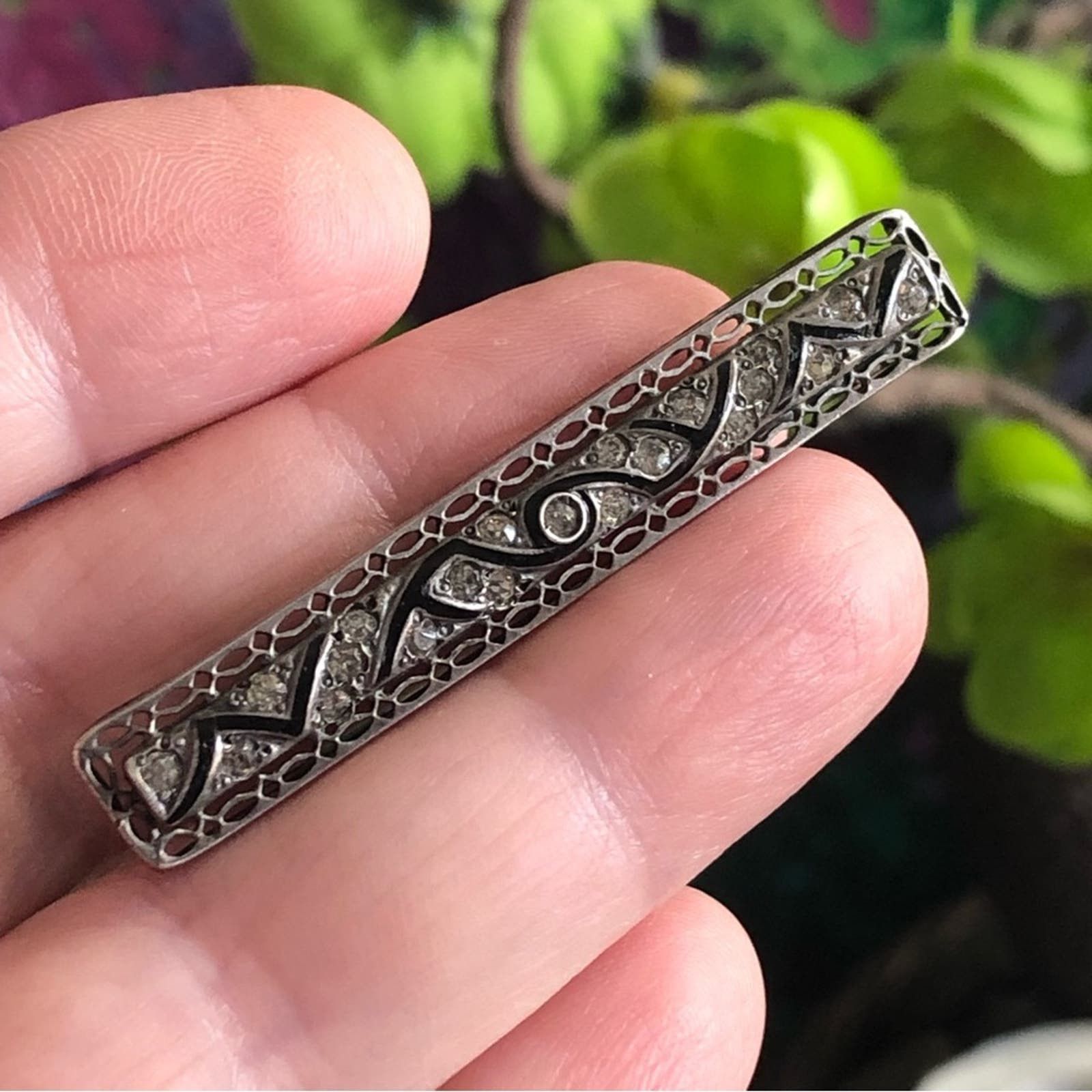 image of Antique Art Deco Fishson Sterling Silver Stone Bar Brooch, Women's