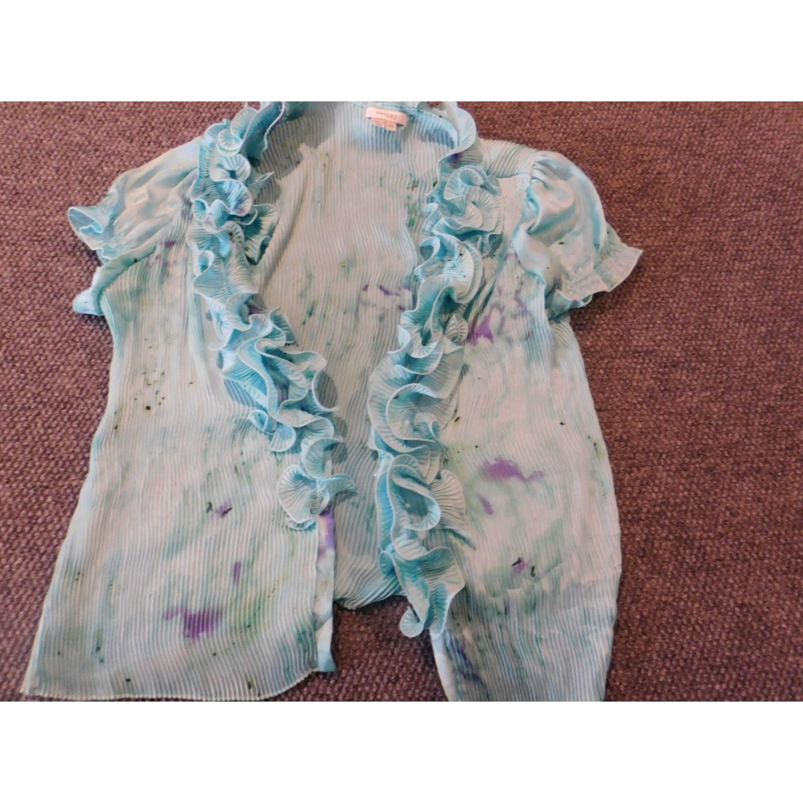 Vintage Dressbarn Blouse 2X Plus Blue Open Cardigan Top Short Sleeve Crew Neck Pullover Casual Polyester Rayon Geometric Ruffle Basic Womens 2X+ Size XXL / US 16-18 / IT 52-54 - 2 Thumbnail