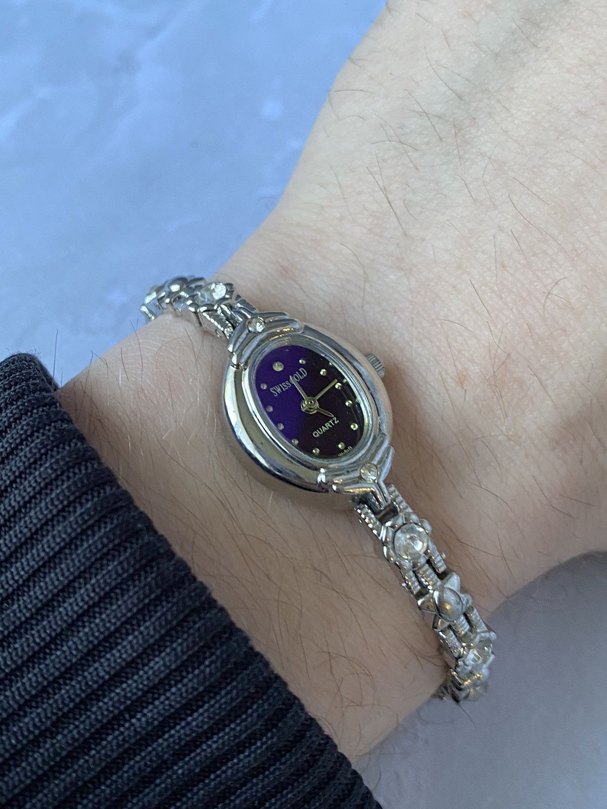 Jewelry × Vintage Swiss Gold Watch with Purple Dial & Crystals Size ONE SIZE - 11 Thumbnail