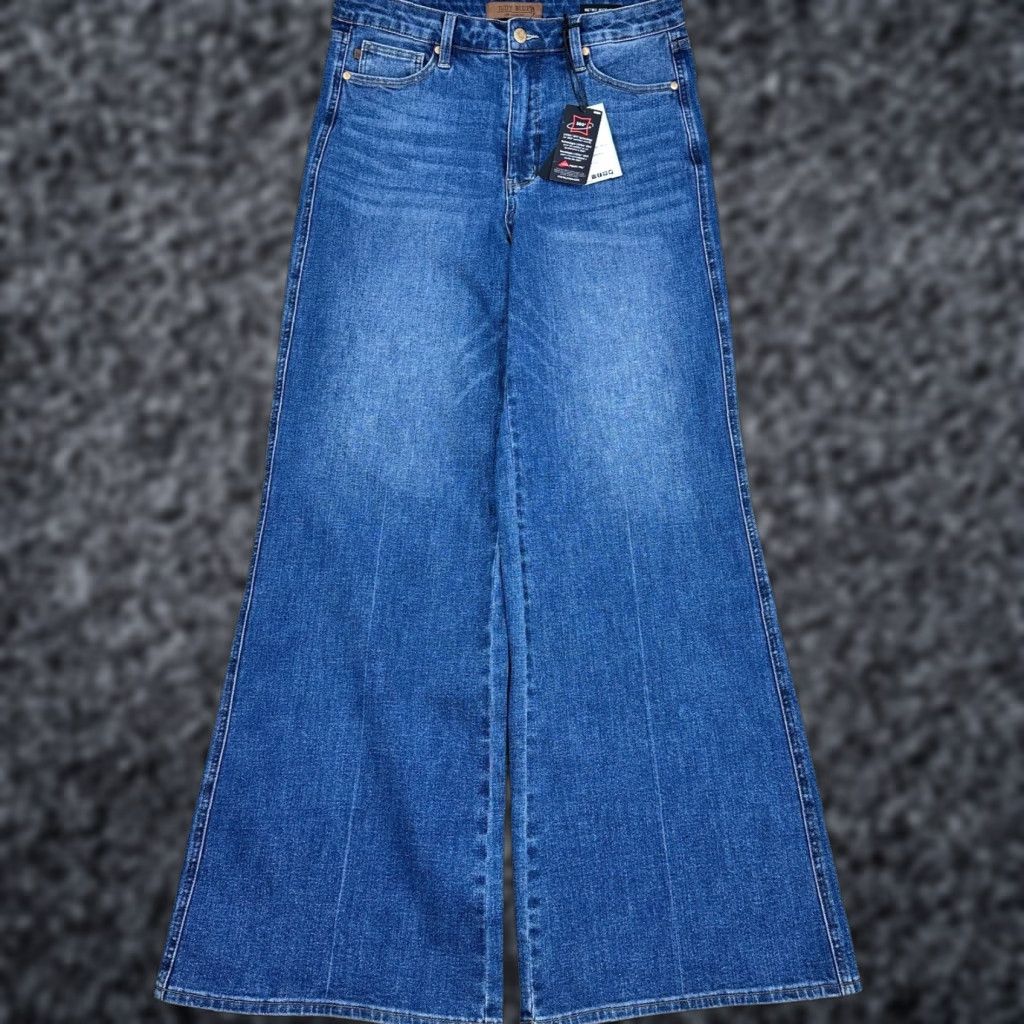 Judy Blue Jeans Womens 13/31 Dark Blue Denim Wide Leg High Rise Jeans Bohemian Retro Modern Wide-Leg Footwear?