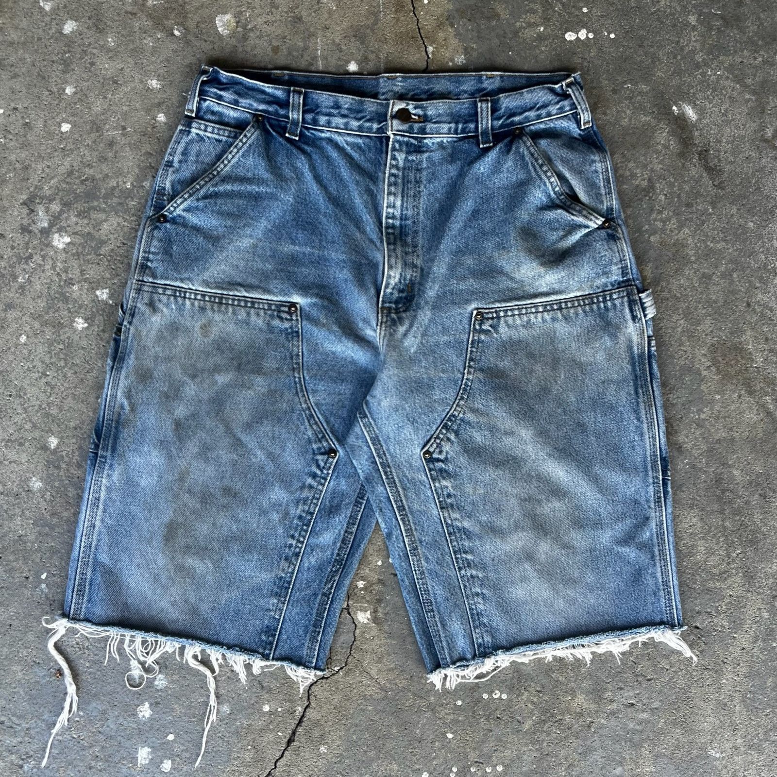 Carhartt denim blue jean double knee work carpenter shorts