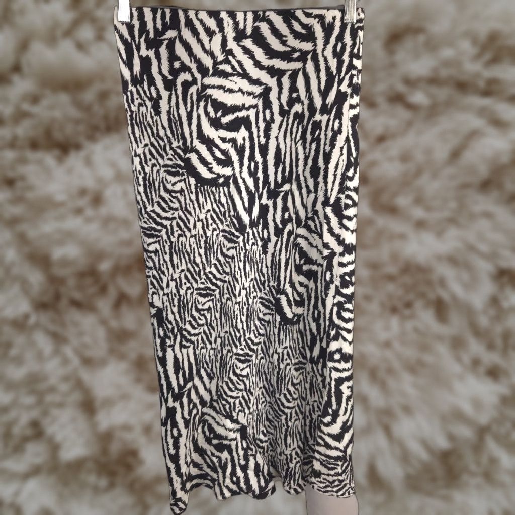 AllSaints Skirt Womens 6 Zebra Satin Pencil Midi Black White Edgy Minimalist Prep