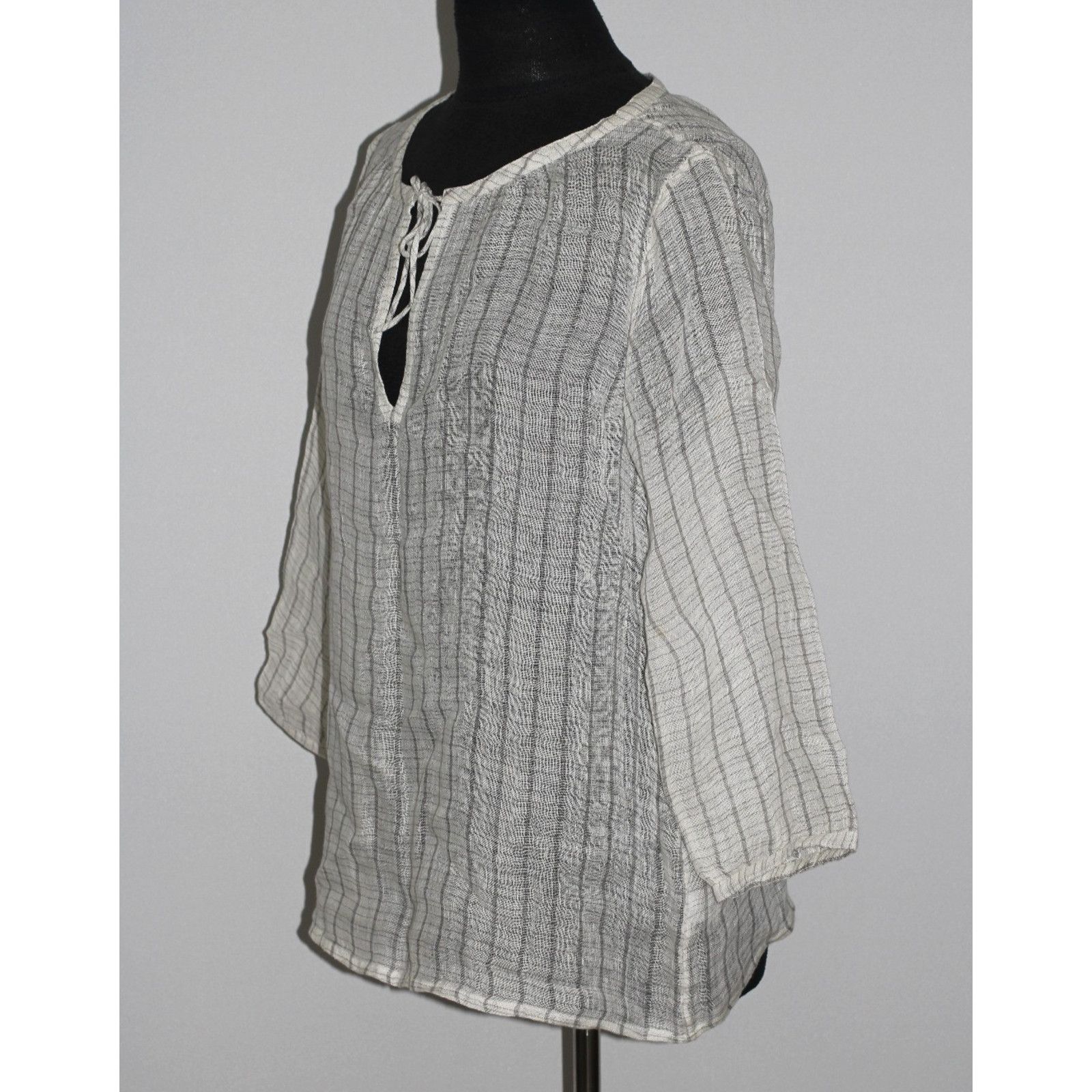 Eileen Fisher New EILEEN FISHER Pewter Linen Gauze Top Tie Neck Blouse M Size M / US 6-8 / IT 42-44 - 3 Thumbnail