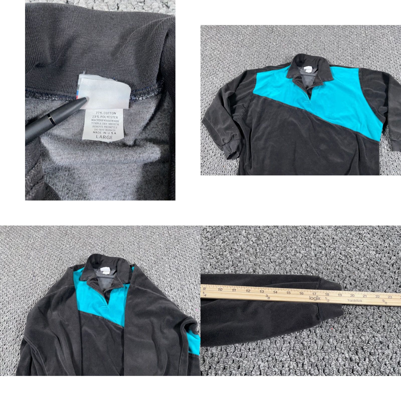 Vintage VTG 80s Velour Collared Shirt Women's Large Black Teal Boxy Fit Oversized Polo Size L / US 10 / IT 46 - 8 Thumbnail