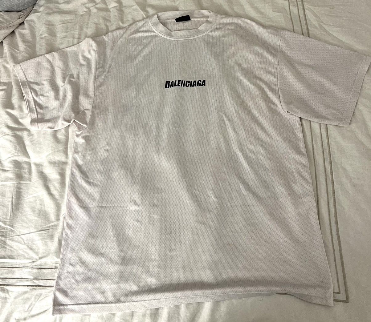 Image of Balenciaga White Logo Print Mesh Swim Top, Men's (Size XS)