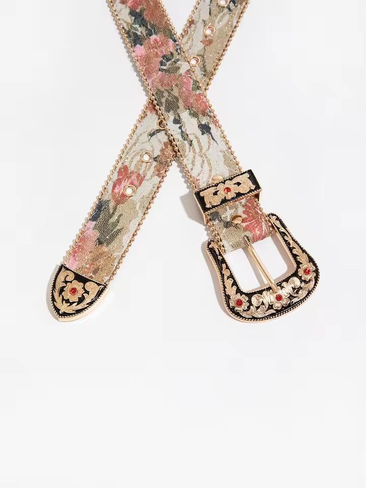 Japanese Brand Western Floral Tapestry Belt - Gold Ornate Buckle 112 cm Size 32 - 3 Thumbnail