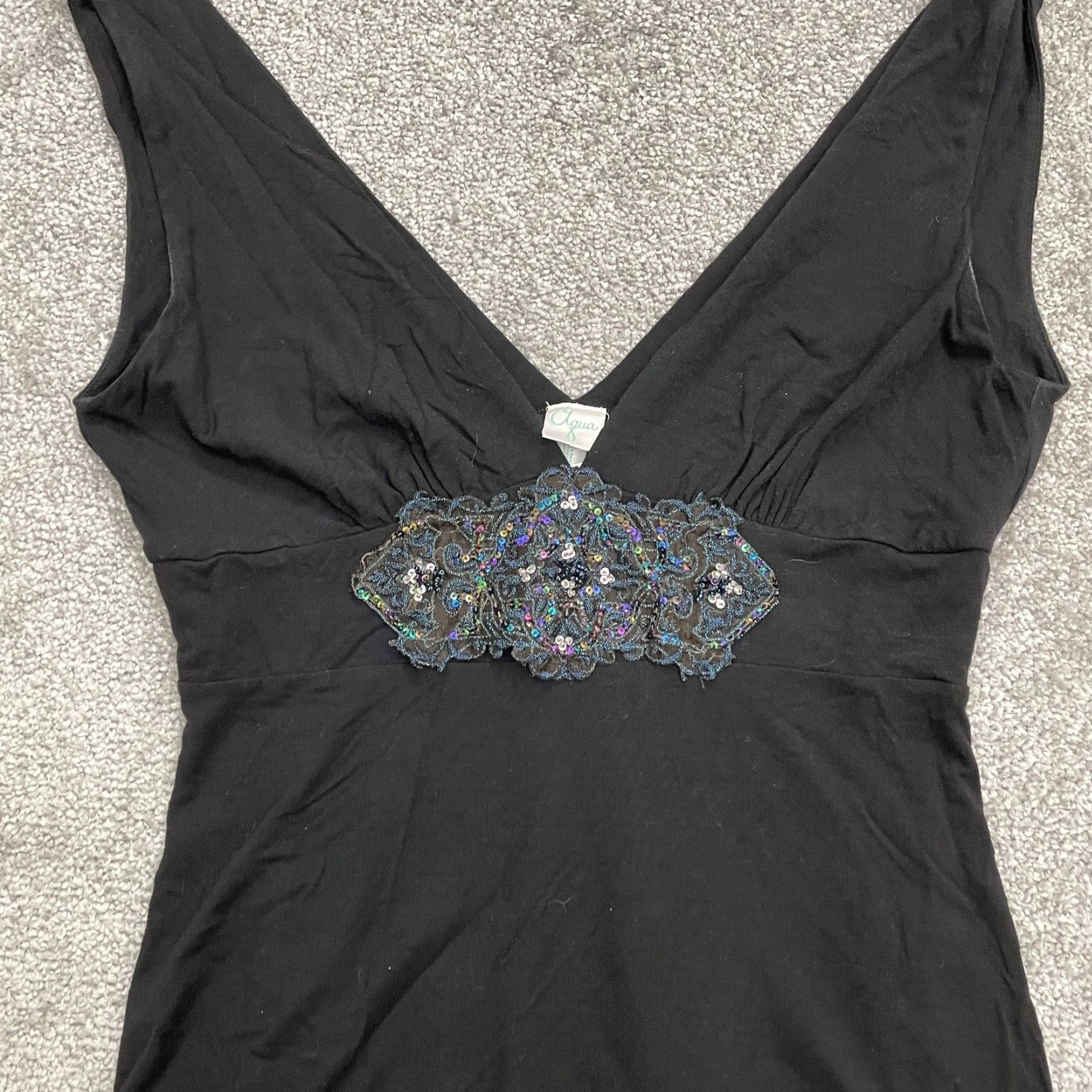 AQUA Aqua Tank Women Adult Medium Black Beaded V-Neck Sleeveless Knit Rayon Spandex Classic Designer Size M / US 6-8 / IT 42-44 - 3 Thumbnail