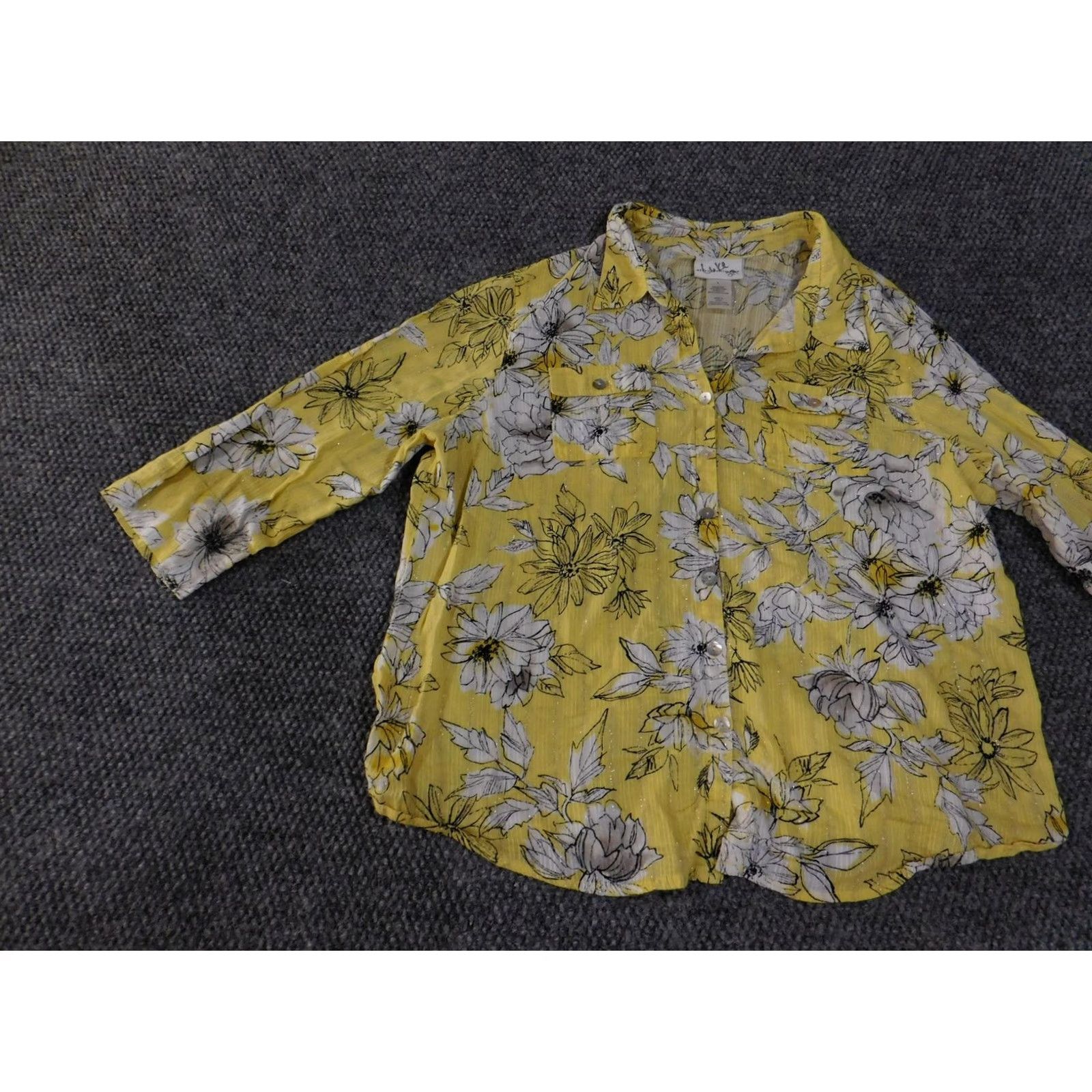 Vintage Alfred Dunner Shirt Womens Large Yellow Floral Metallic 3/4 Sleeve Button Up Size L / US 10 / IT 46 - 3 Thumbnail