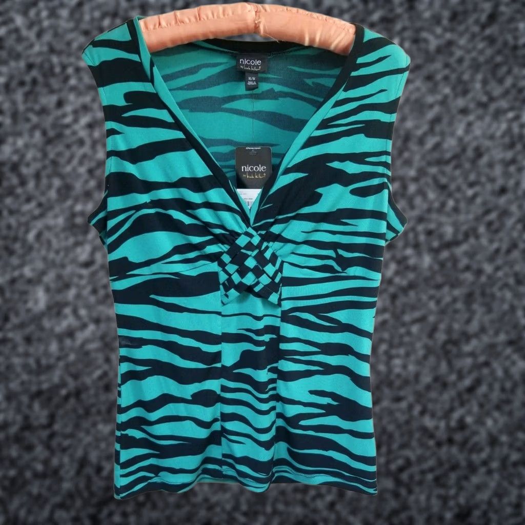 Nicole Miller Nicole Miller Solaris Skin Knot Front Womens Sleeveless Top M Multicolor Knit V-Neck Cap Sleeve Lightweight Stretch Casual Shirt Size M / US 6-8 / IT 42-44 - 1 Thumbnail