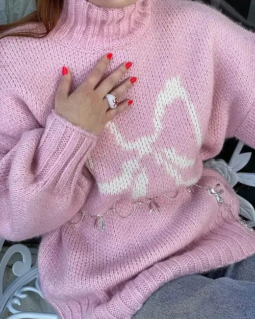 image of Vintage Contrast Color Knit O-Neck Long Sleeve Women in Pink