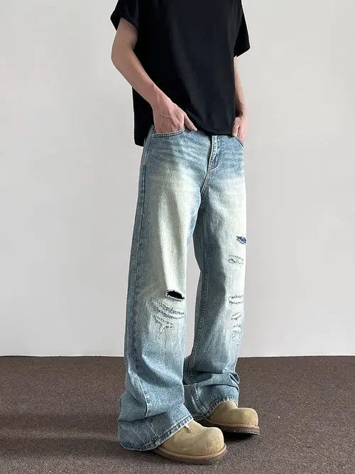 Jean Light Blue Baggy Distressed Denim Jeans, Wide Leg Jeans Size US 32 / EU 48 - 6 Thumbnail