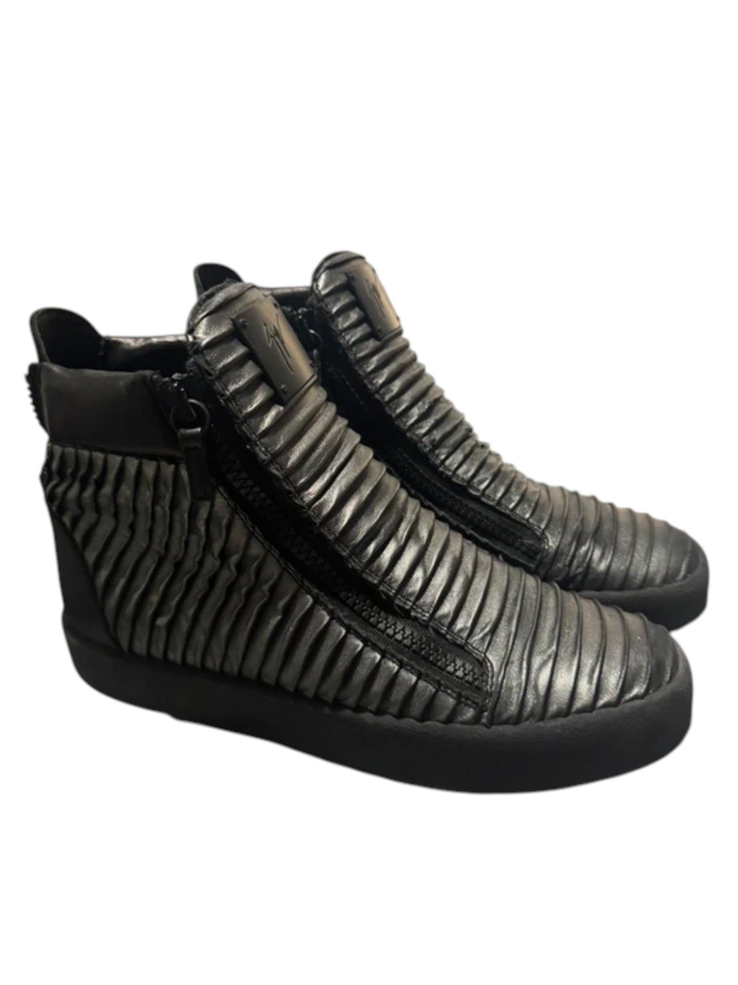Giuseppe Zanotti Giuseppe Zanotti Ribbed Black Leather Zip Sneakers 2010s Size US 11 / EU 44 - 2 Thumbnail