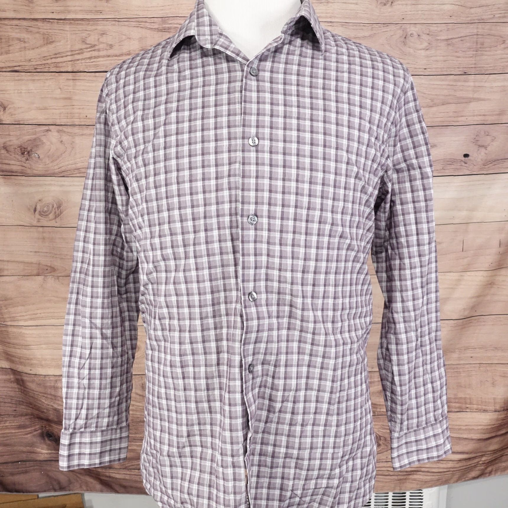 Apt. 9 APT. 9 PREMIER FLEX SLIM FIT MAUVE PLAID BUTTON UP SHIRT MENS L 16-16.5 32/33 Size US L / EU 52-54 / 3 - 3 Thumbnail