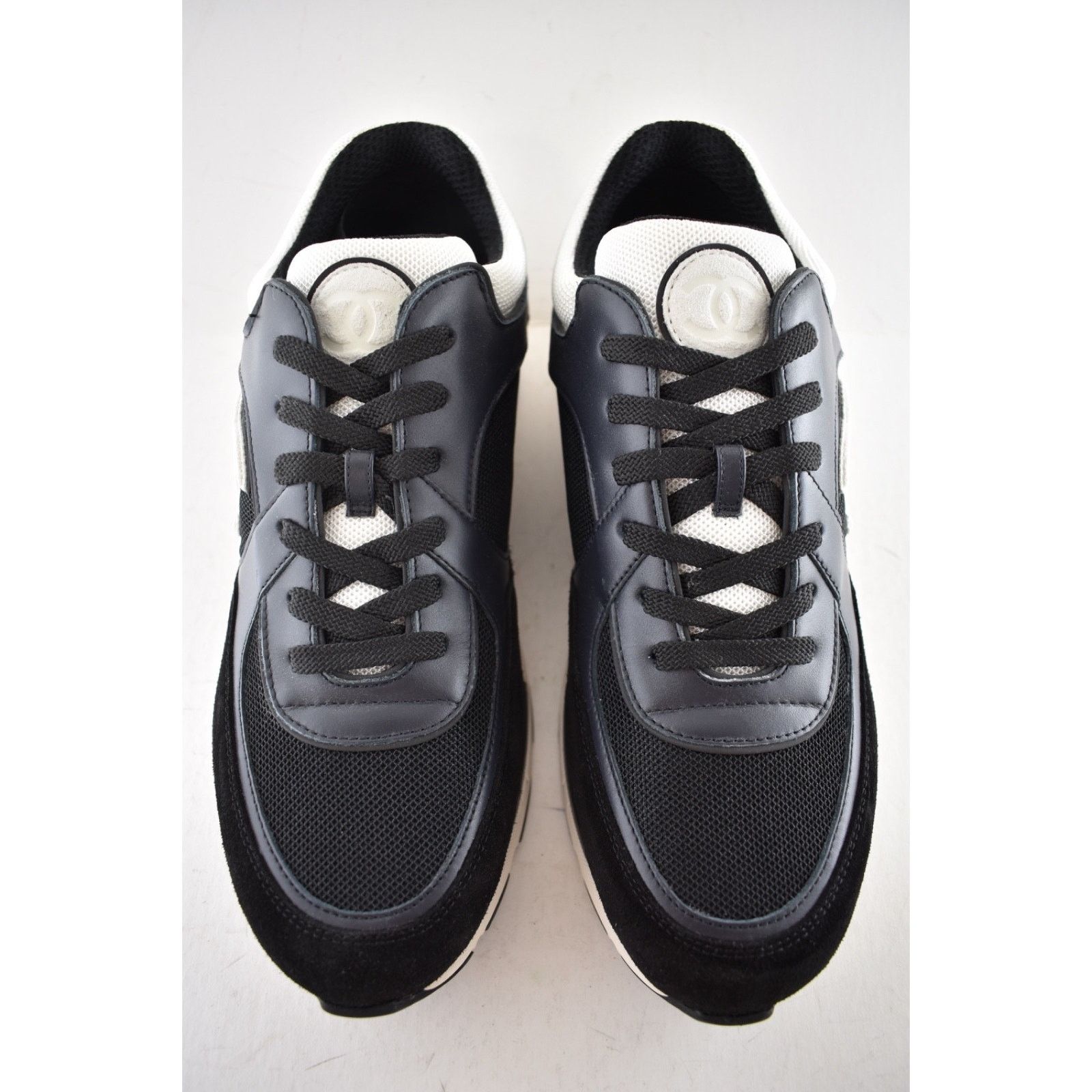 Chanel Mens Navy Blue Black White CC Logo Low Top Trainer Sneakers Size US 11 / EU 44 - 6 Thumbnail