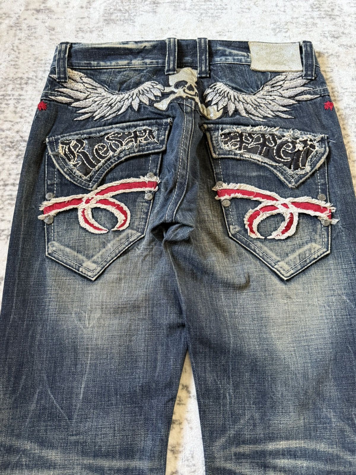 If Six Was Nine Red Pepper Japan Goth Skull Wings Embroidered Flared Jeans Size US 30 / EU 46 - 3 Thumbnail