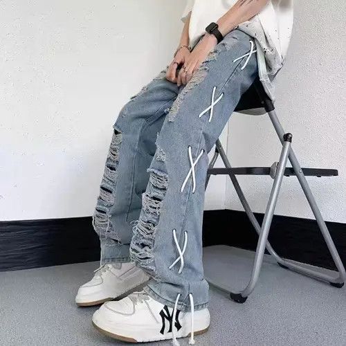 Jean Street design ripped side drawstring straight-leg jeans Size US 32 / EU 48 - 5 Thumbnail