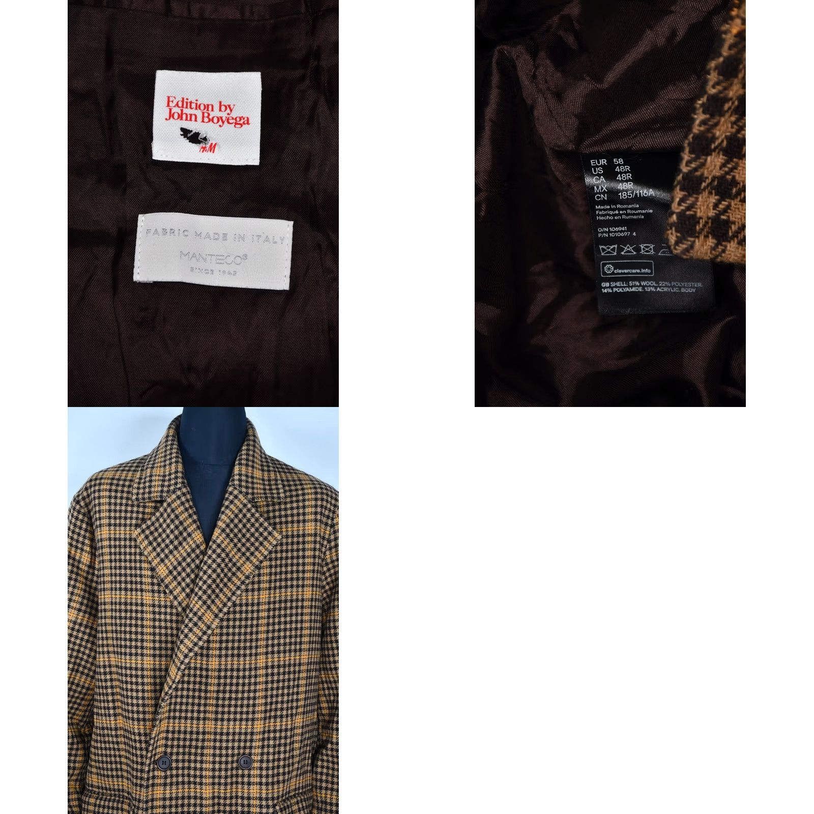 H&M H&M Edition x John Boyega Manteco Wool Men's Coat 48R Brown Vintage? Size US M / EU 48-50 / 2 - 8 Thumbnail