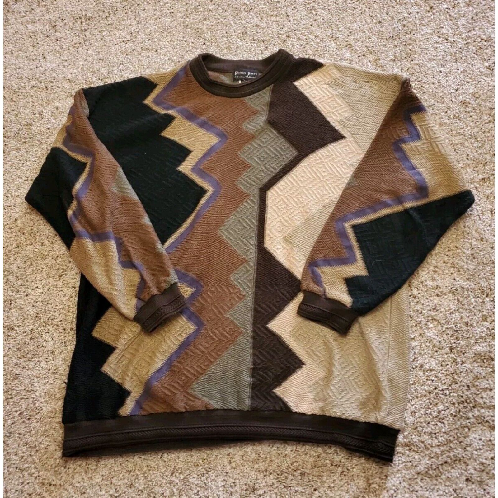 image of Vintage Patrick James Sweater XL Mens Multicolor Abstract Mercerized Crew Neck in White