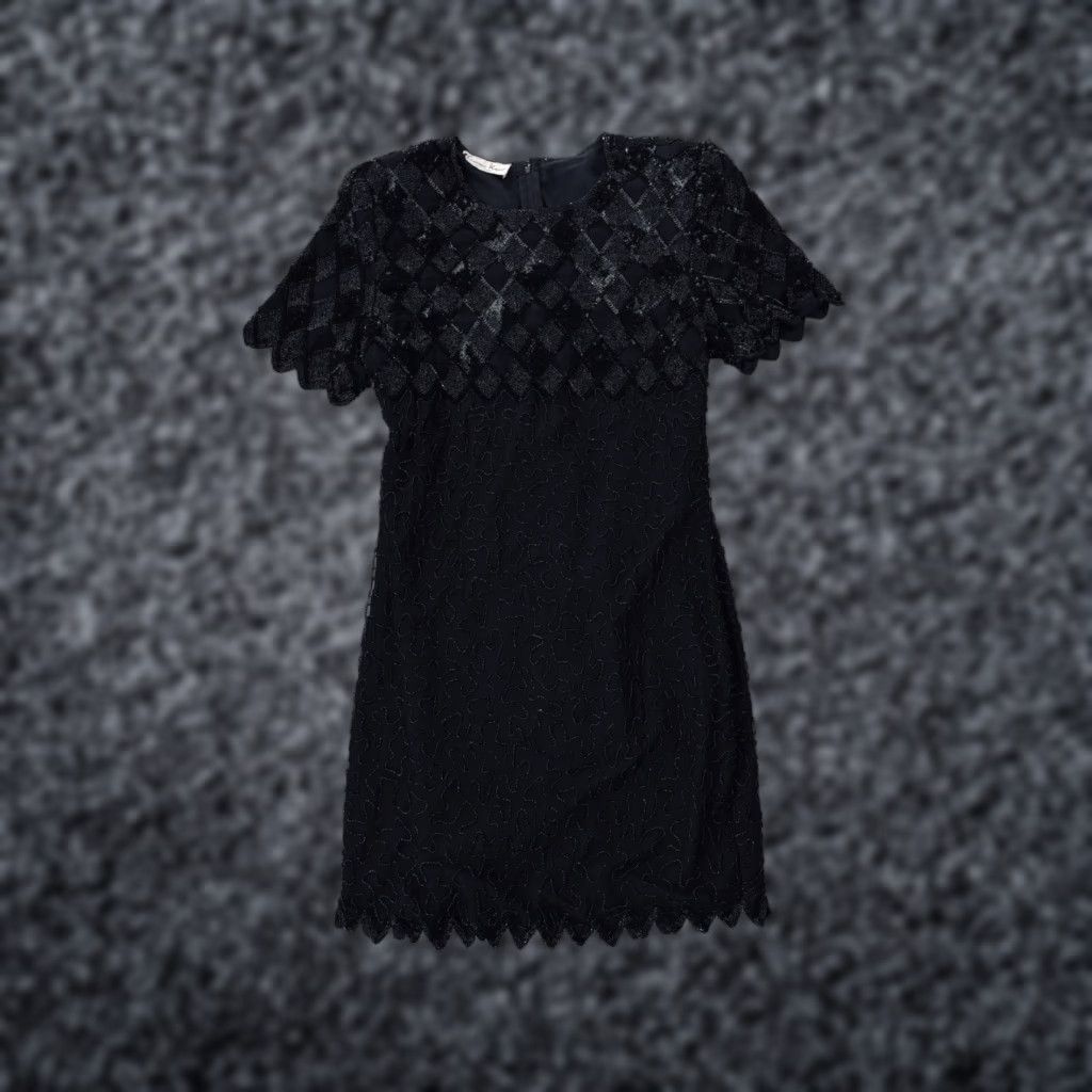 VINTAGE Laurence Kazar Sheath Dress Black Silk Beaded Sequin Formal M Womens