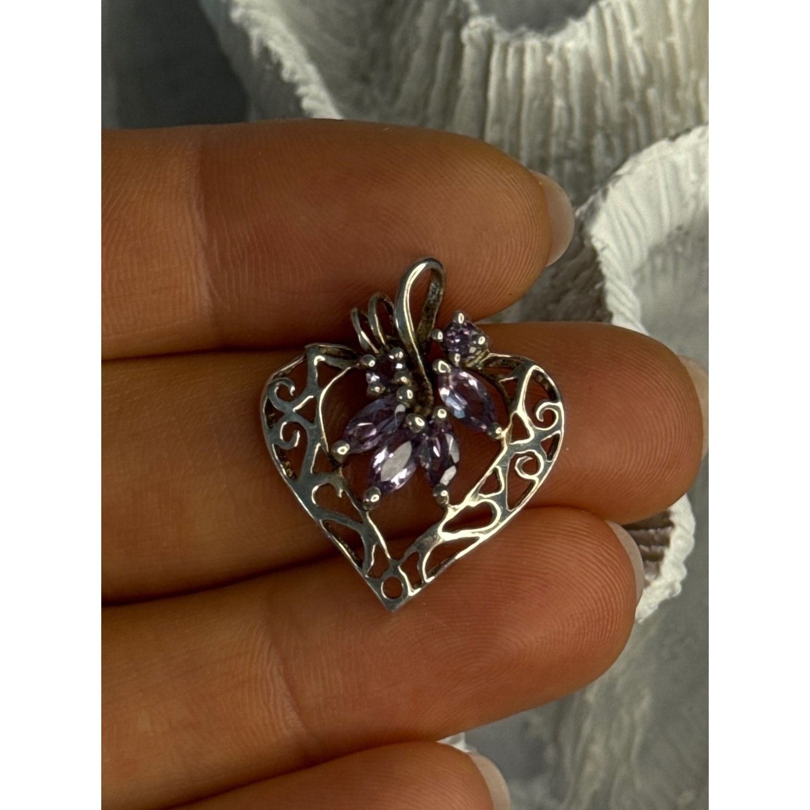 Jewelry 925 STERLING SILVER AMETHYST HEART PENDANT LENGTH 1 INCH Size ONE SIZE - 6 Thumbnail
