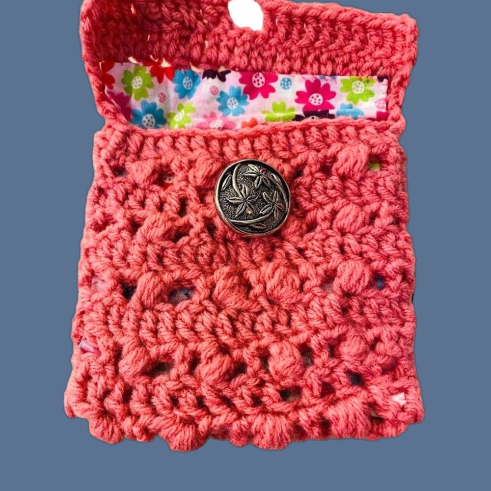 Pinko Handmade Crochet Pouch Pink Lined Floral Accessory Silvertone Button Closure 5.5" h x 5" w Clutch Women Size ONE SIZE - 1 Thumbnail