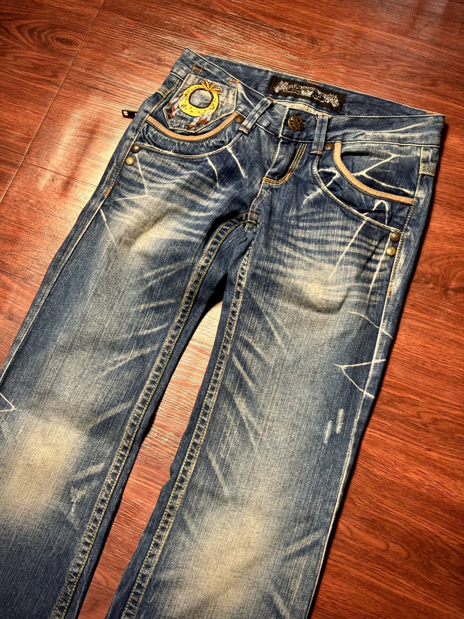 Issey Miyake Vintage Y2K Red Pepper Tribal Patch Flare Denim Pants Size 29" - 4 Thumbnail