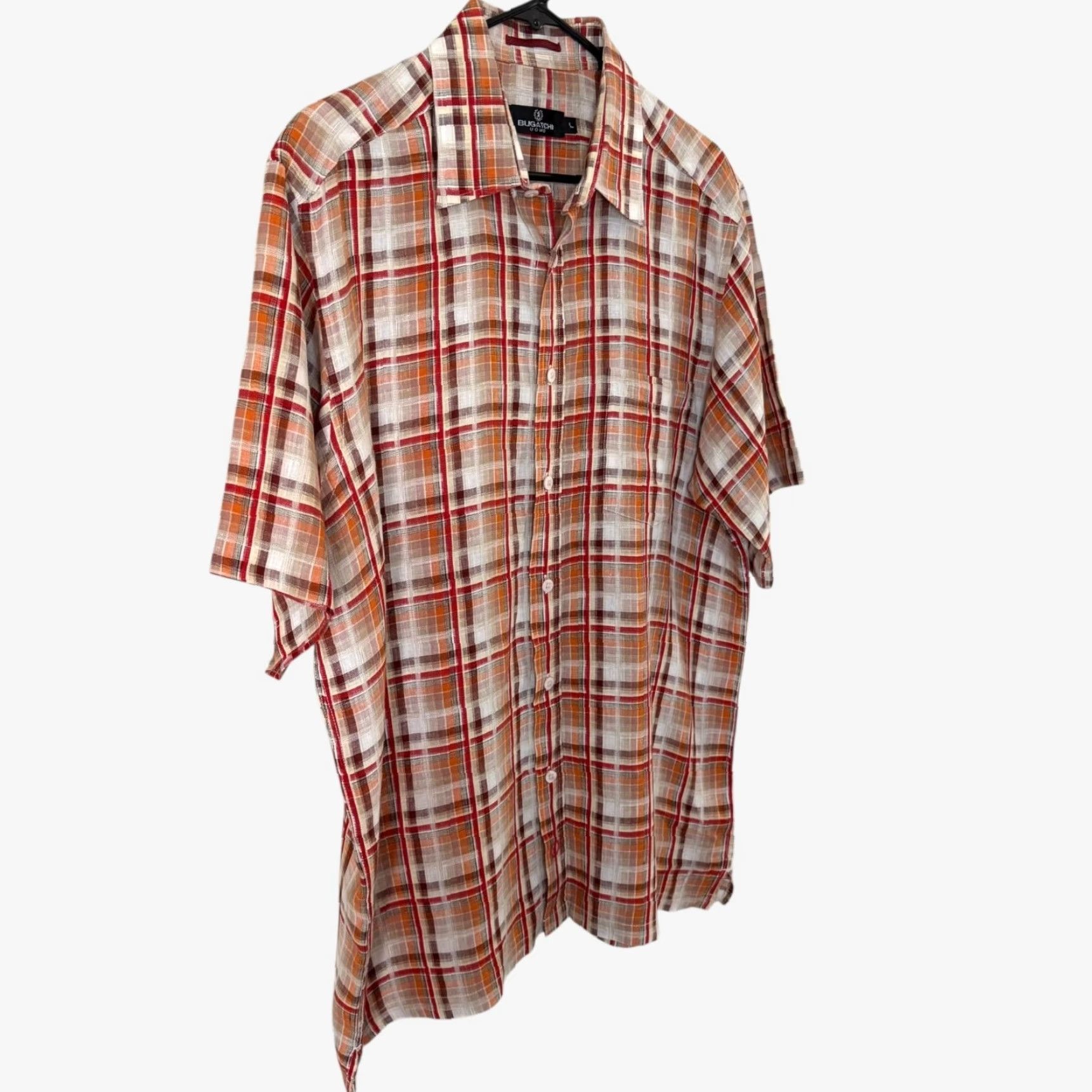 BUGATCHI VINTAGE Bugatchi Plaid Linen Shirt Orange Adult Large Short Sleeve Button-Up Mens Size US L / EU 52-54 / 3 - 3 Thumbnail
