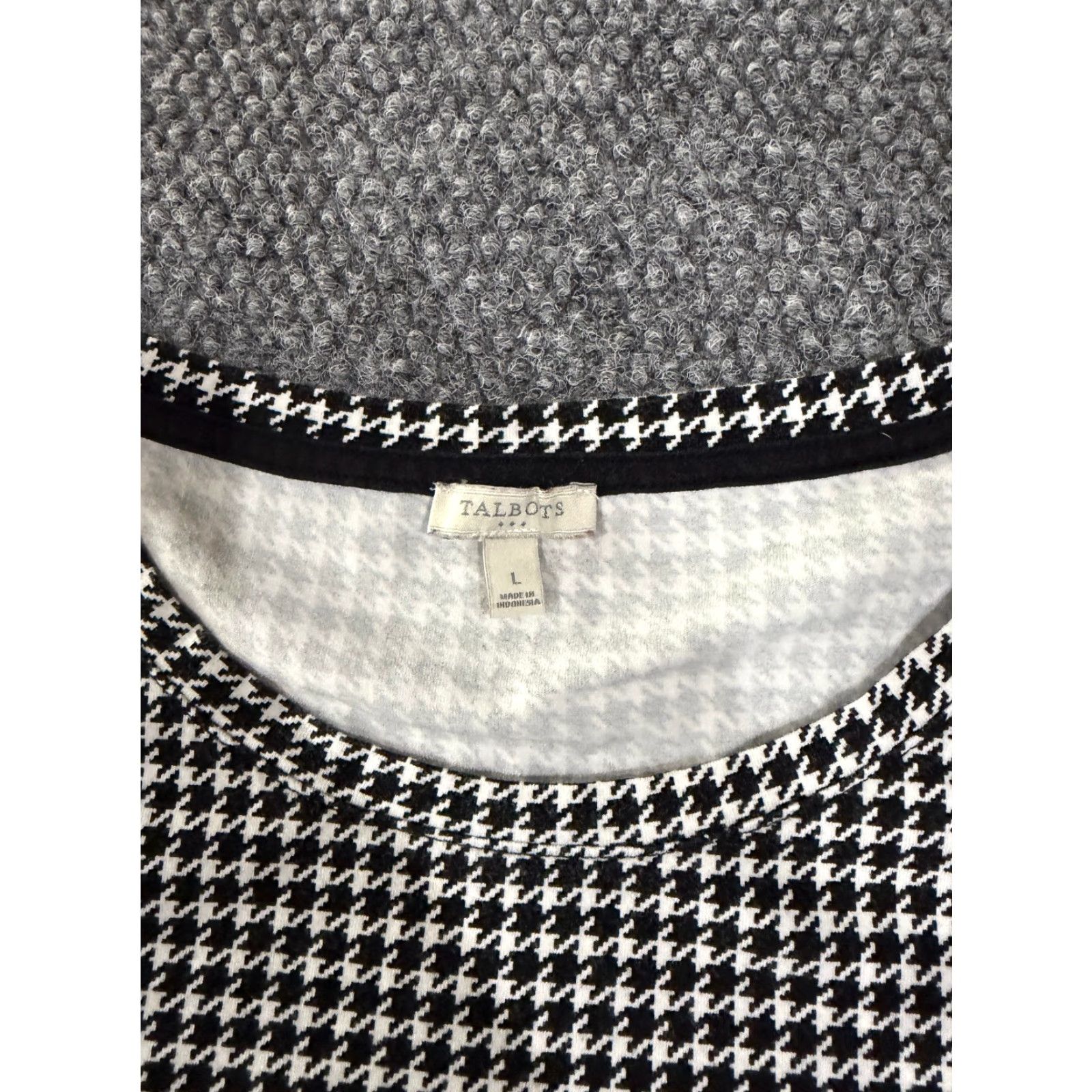 Talbots Talbots Blouse Shirt Womens Large Black White Houndstooth Stretch Casual Round Neck Long Sleeve Regular Cotton Spandex Machine Washable Vintage No Size L / US 10 / IT 46 - 3 Thumbnail
