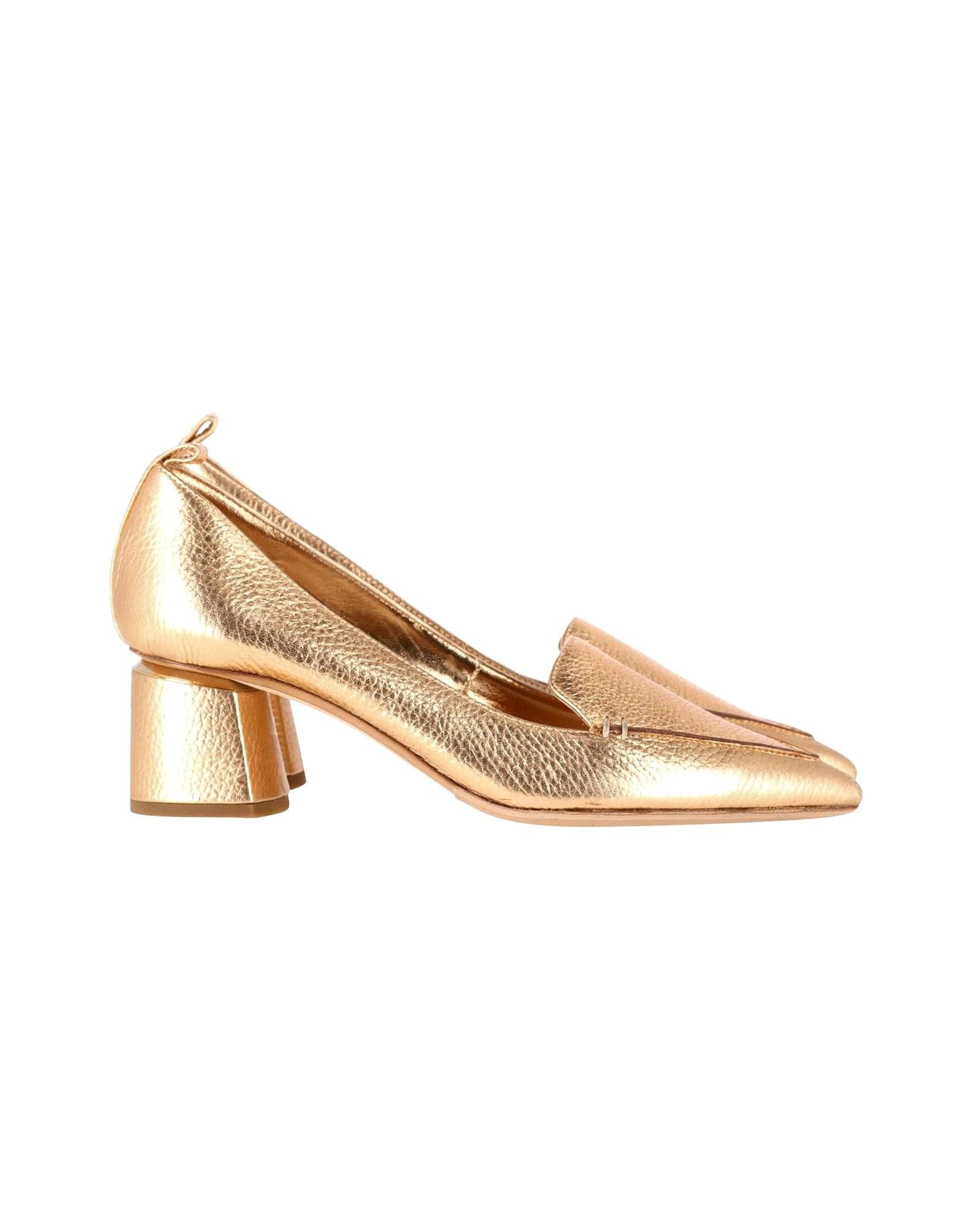 image of Gold Leather Mid-Heel Shoes Loafers With Pointed Toe By Nicholas Kirkwood, Women's (Size 9)