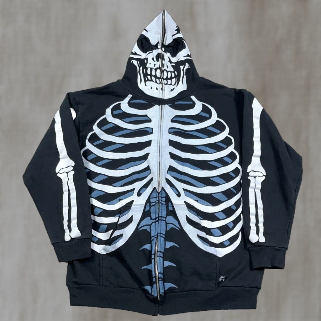 VINTAGE Hybird Hoodie Men XL Black AOP Skeleton Bones Mask Skate Jacket 00s Full Zip Hooded Pockets