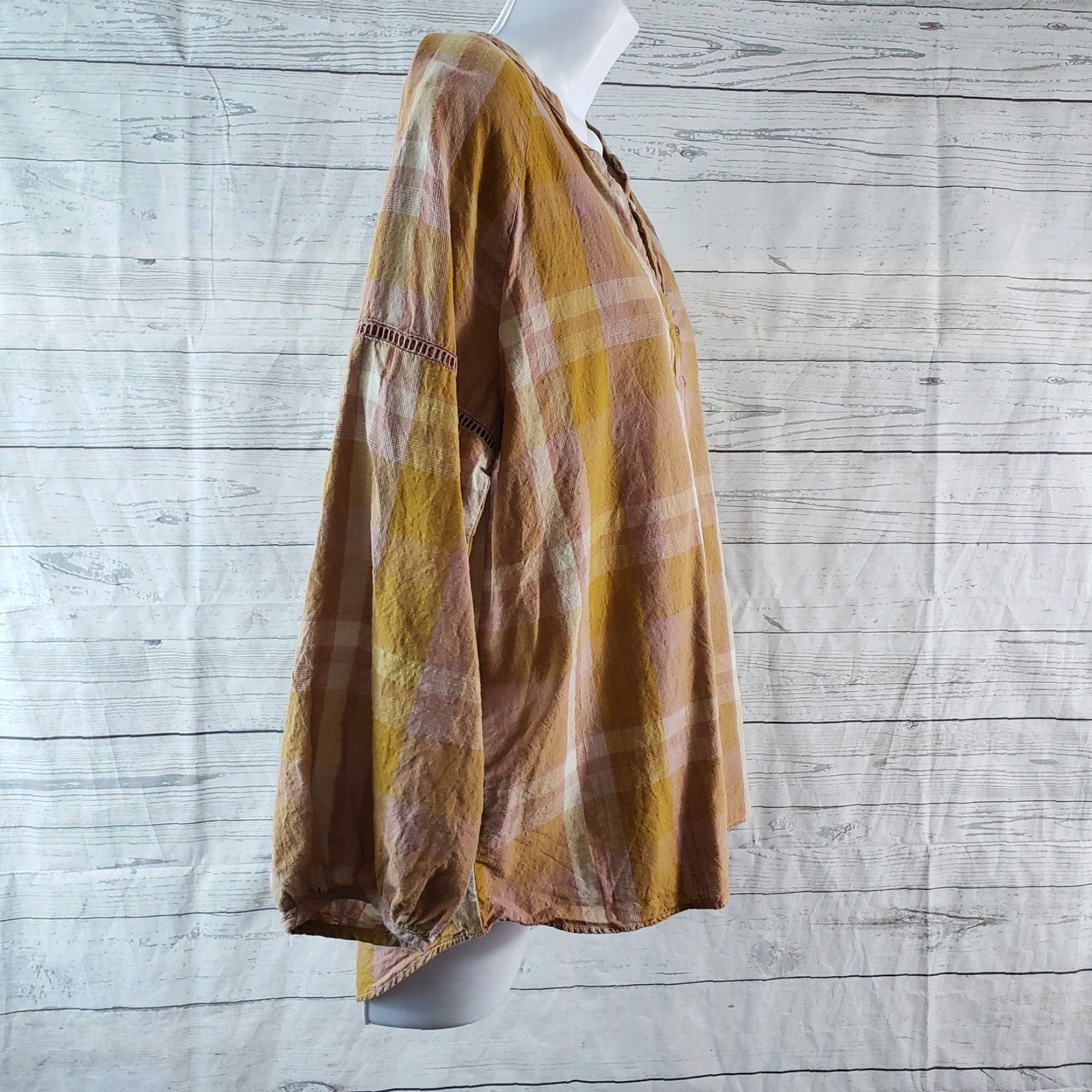 Prana prAna Elena Top 3/4 Sleeve Blouse Womens M Pink Plaid Casual Shirt Size M / US 6-8 / IT 42-44 - 3 Thumbnail