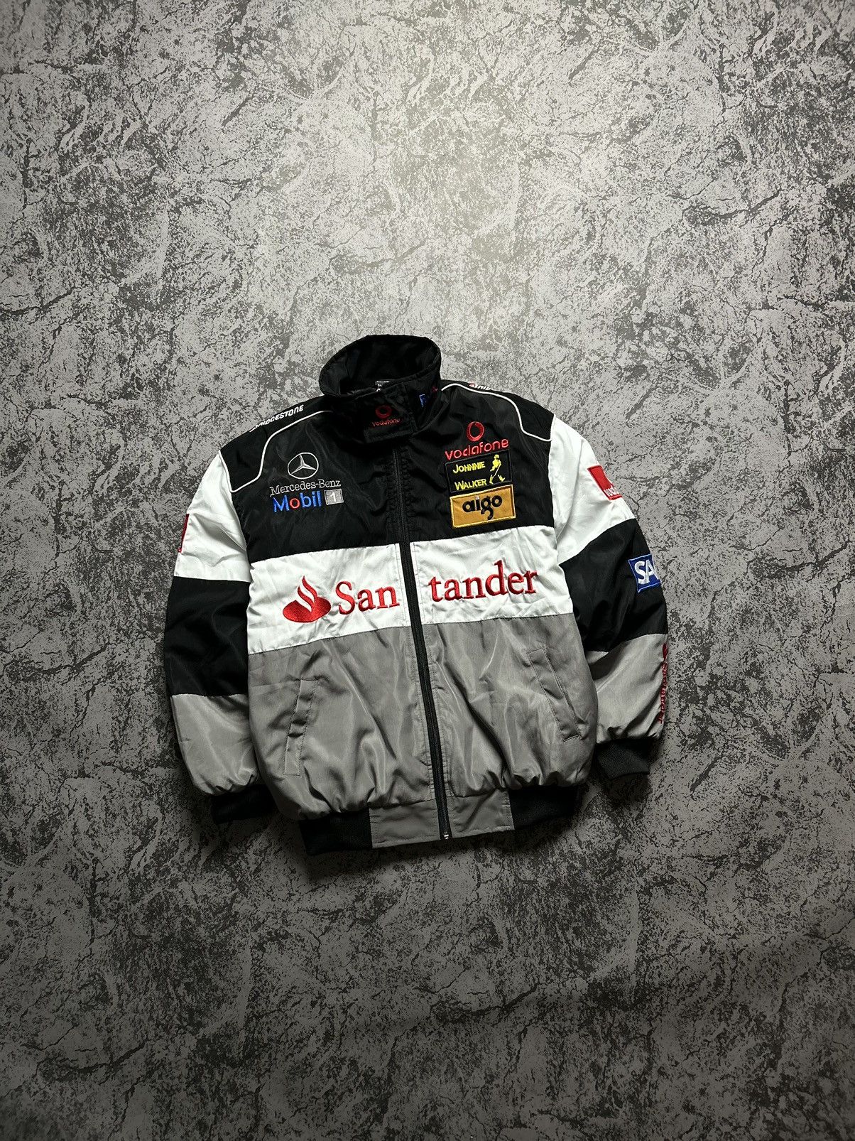 image of Mercedes Benz x Racing Vintage Racing Jacket Mercedes Bomber Santander Logo in White (Size Large)