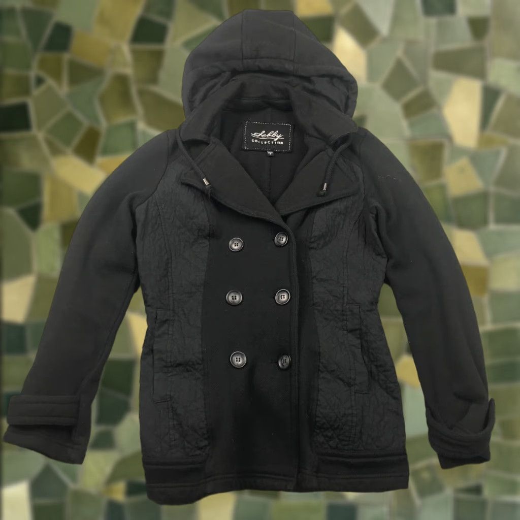 Vintage Sebby Womens Jacket Pea Coat Hooded Lined Pockets Black Small Polyester Insulated Mid-Length Casual Size S / US 4 / IT 40 - 1 Thumbnail