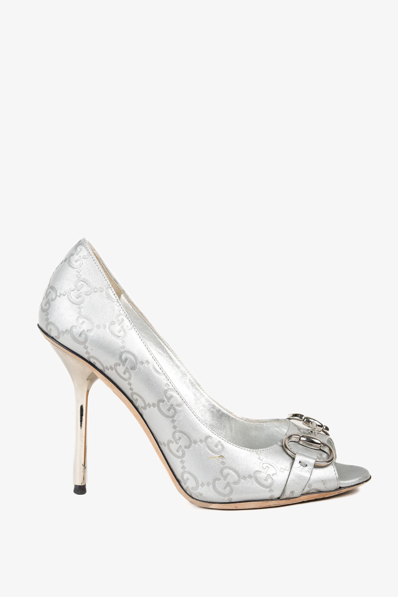 Gucci Gucci Guccisimma Silver Horsebit Metal Heel Open-Toe Pump Size US 7.5 / IT 37.5 - 1 Thumbnail