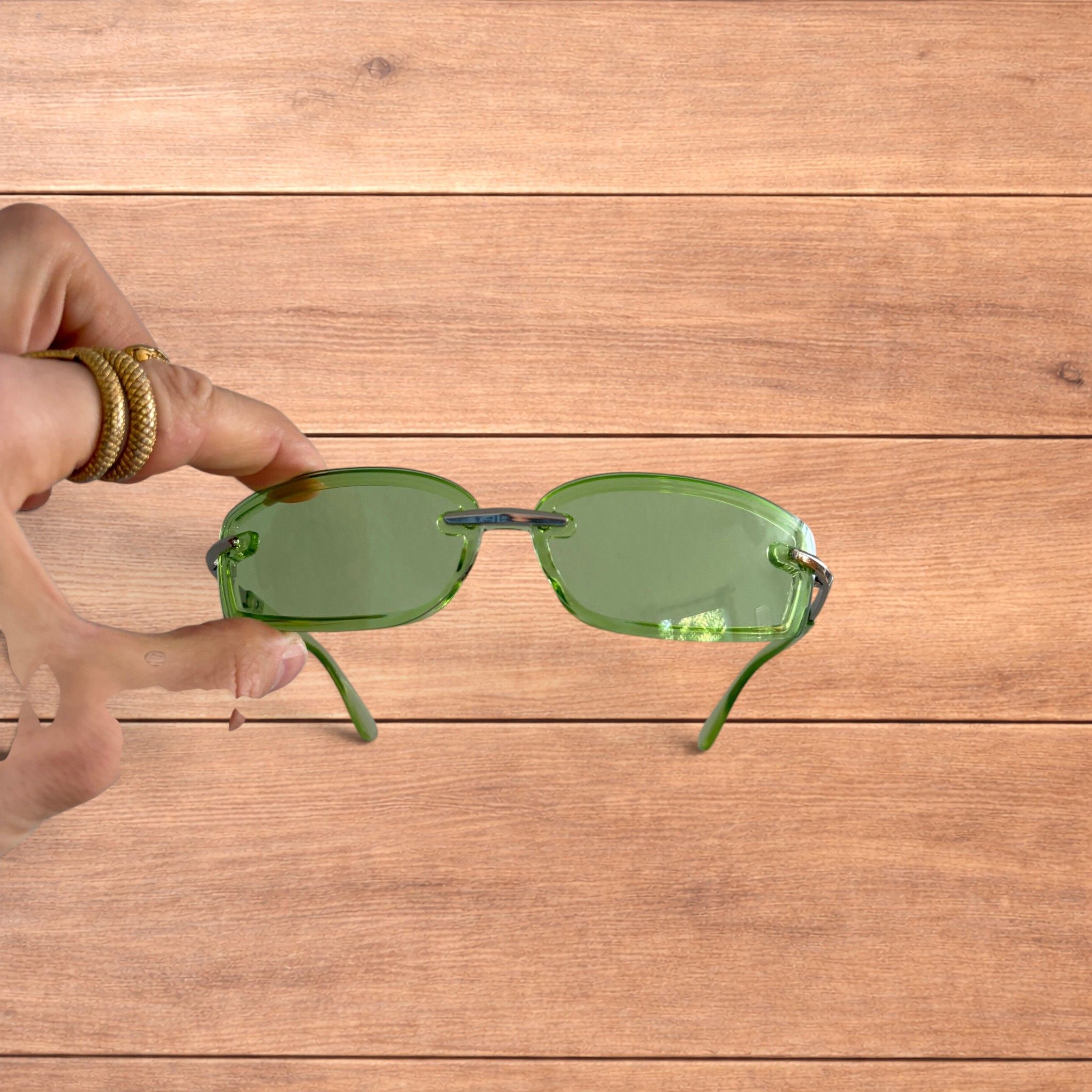 Japanese Brand Rimless rectangle frame sunglasses in green and silver. Size ONE SIZE - 4 Thumbnail