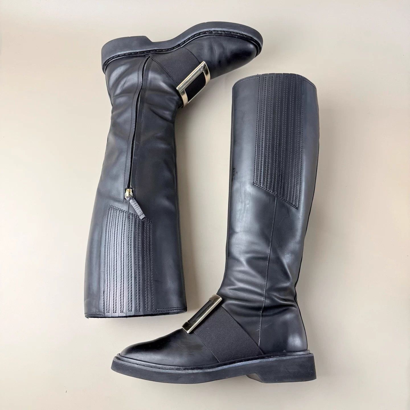 Roger Vivier RV black gold square buckle zip knee-high boots 37.5 Size US 6.5 / IT 36.5 - 5 Thumbnail