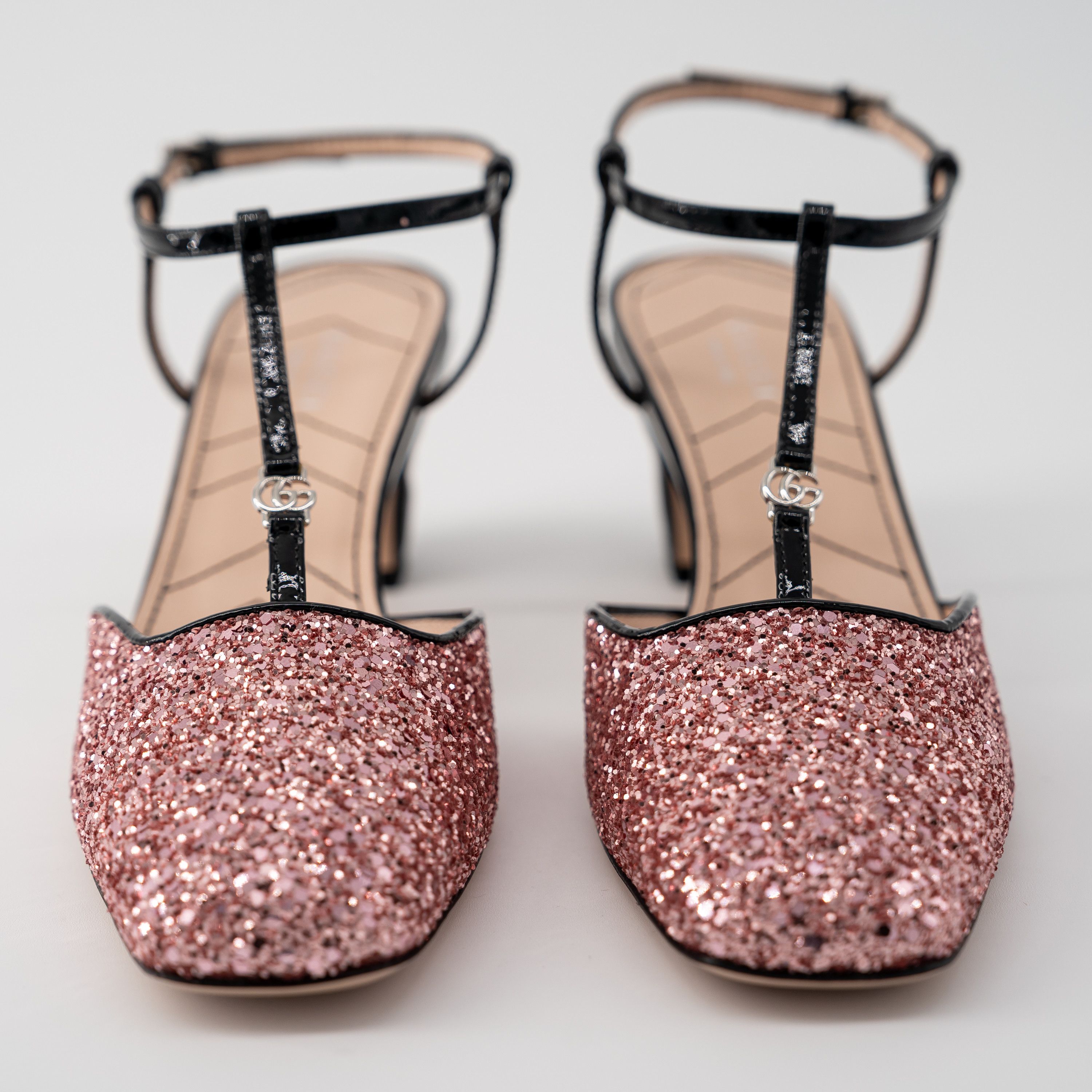 Gucci 39G - Gucci Pink Glitter Slingback Double G T-Strap Pump Size US 9 / IT 39 - 2 Thumbnail