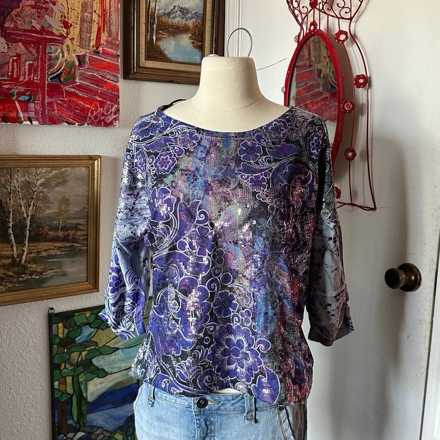 Other style&co blue purple floral sequin long sleeve top Size L / US 10 / IT 46 - 1 Thumbnail