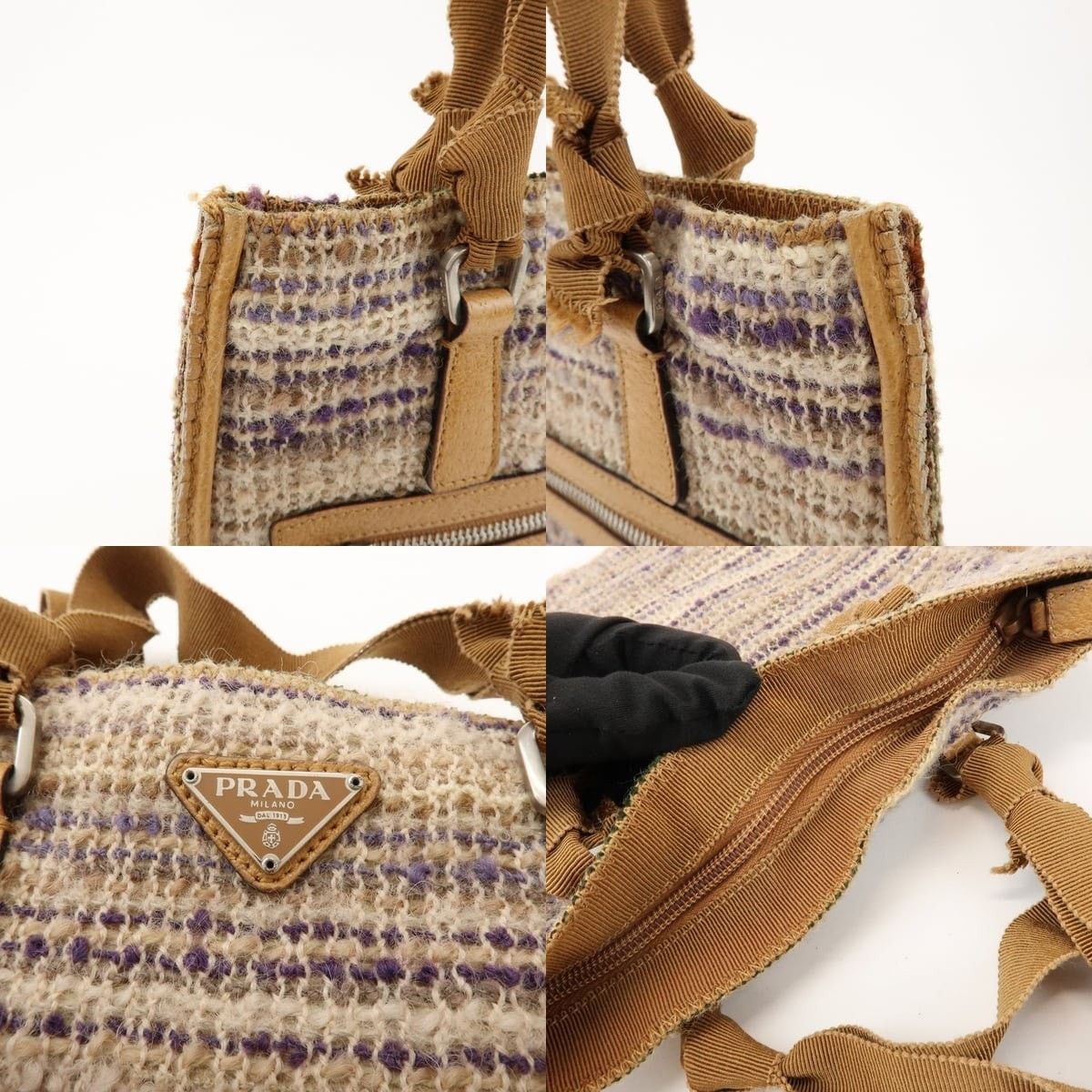 Prada Prada Triangle Logo Tweed Leather Tote Tan Size ONE SIZE - 6 Thumbnail