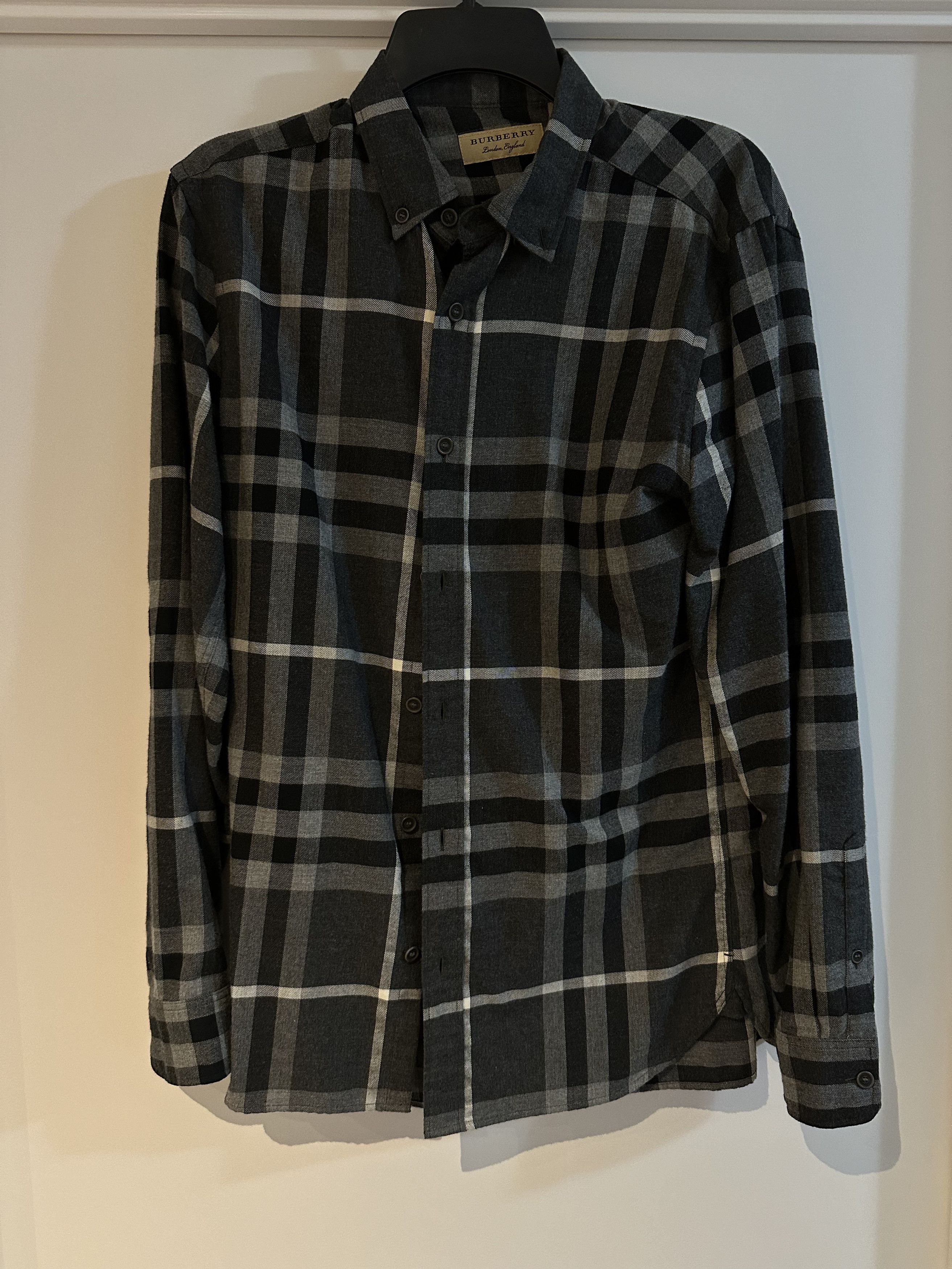 image of Burberry Plaid Check Button Shirt in Grey, Men's (Size Small)