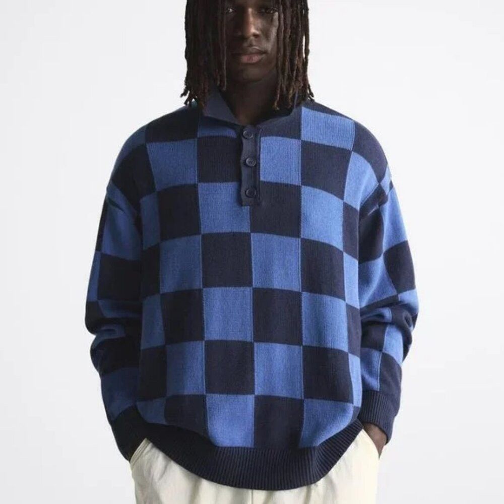 Zara NWT New Zara Check Knit Polo Cotton Blue Sweater Size M Size US M / EU 48-50 / 2 - 1 Thumbnail