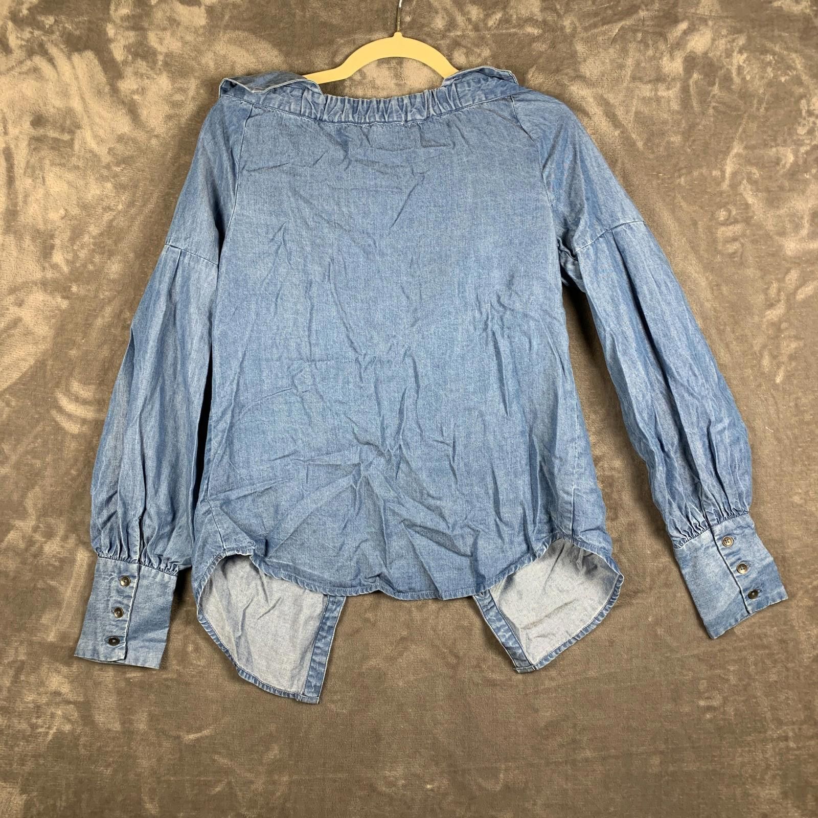 Designer Womens Ella Moss deep V Blue Split Collar Shirt Sz. S (370) Size S / US 4 / IT 40 - 2 Thumbnail