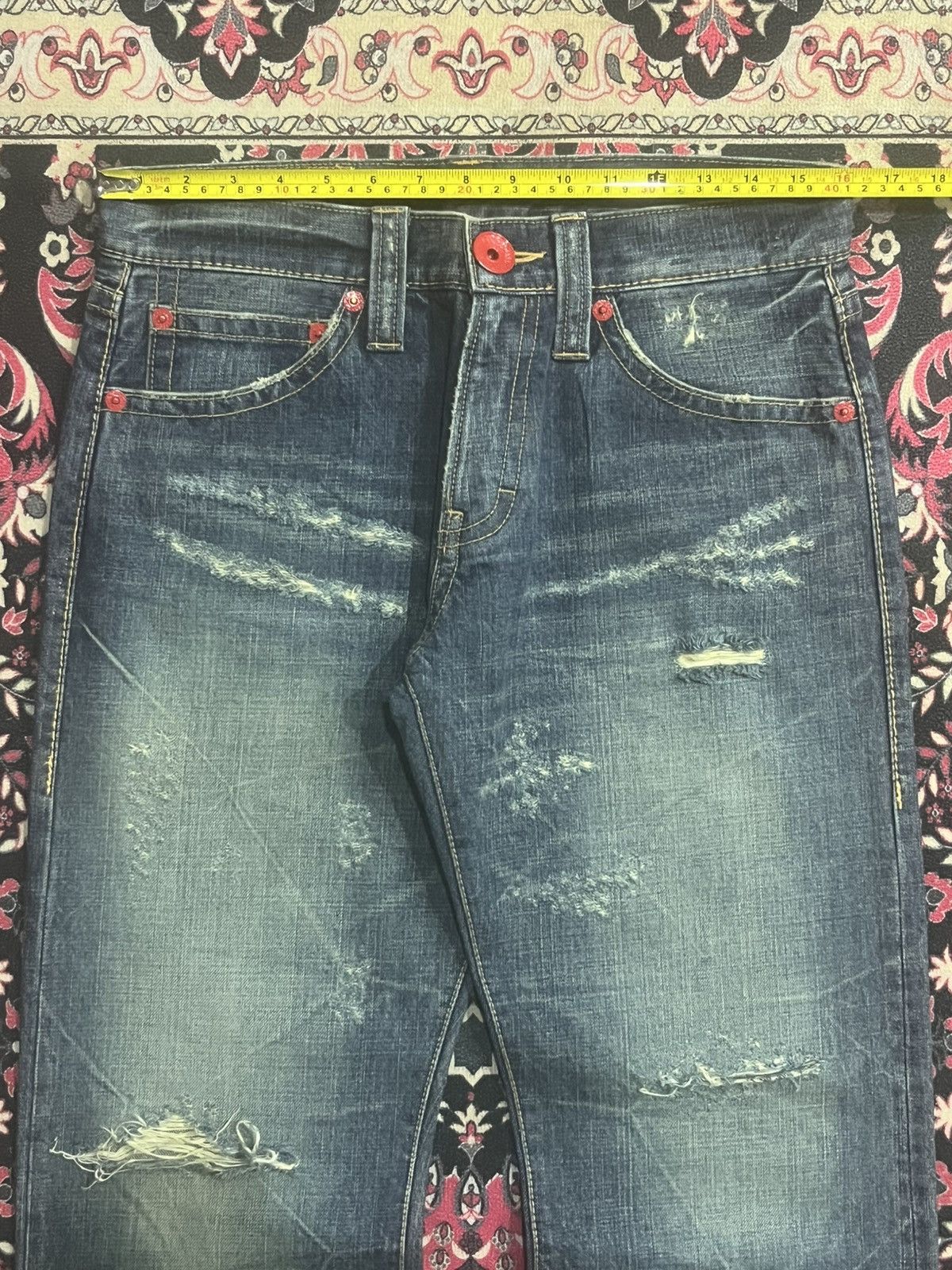 GOSTAR DE FUGA Co&Lu Cracked Distressed Big Slogan Dark Blue Loose Jeans Size US 31 - 12 Thumbnail