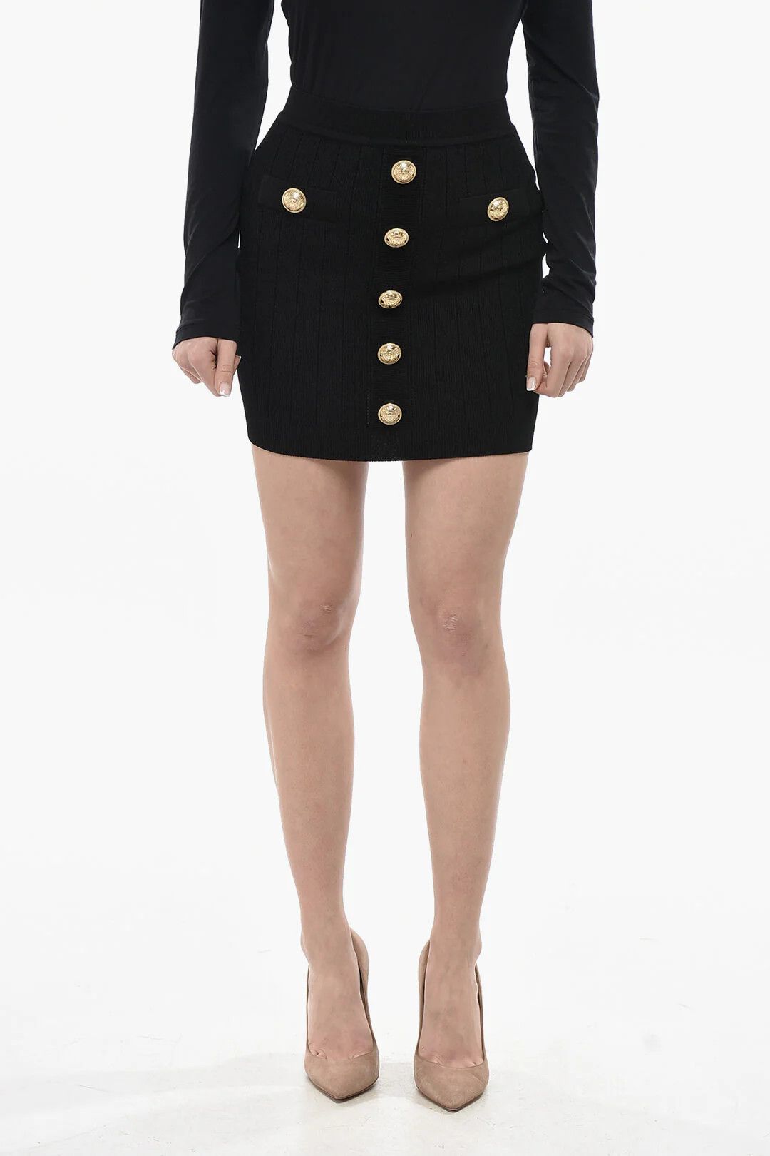 Balmain og1mm0326 Ribbed Mini Skirt in Black Size 42" / US 20 - 1 Thumbnail