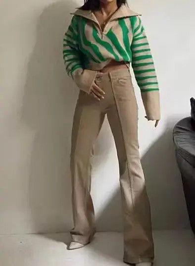 Other Knit Striped Polo Collar Zipper Women Sweater Size L / US 10 / IT 46 - 2 Thumbnail